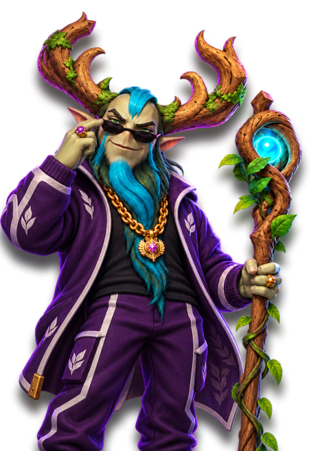 Furion wearing sunglasses and holding a glowing staff
